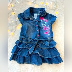 Baby Girl Belted Denim Blue Dress; Pink Floral/Flowers Peace Wavy Ruched Bottom